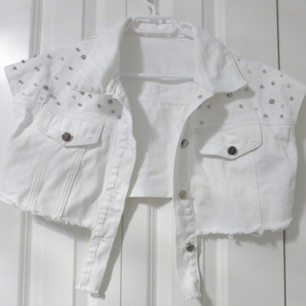 SHEIN white cropped denim top with rhinestones and faux pearls